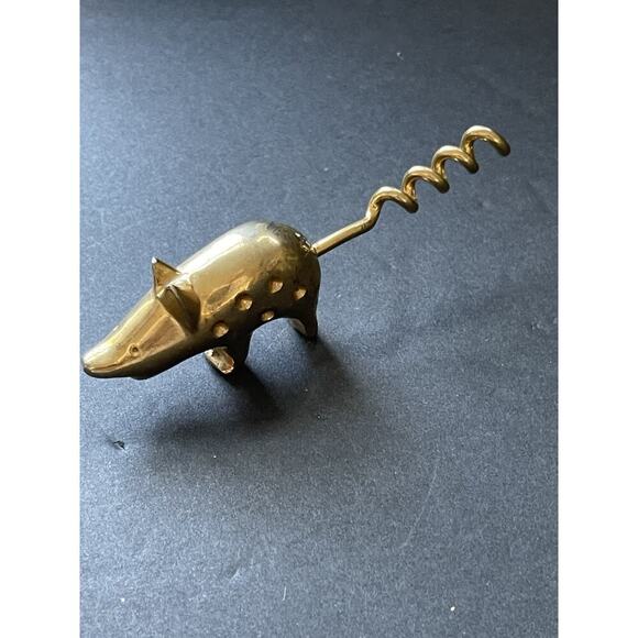 Vintage Brass Metal Pig Piglet Cork Screw 4" Barware Cocktail Whimsy Wine - Picture 5 of 5